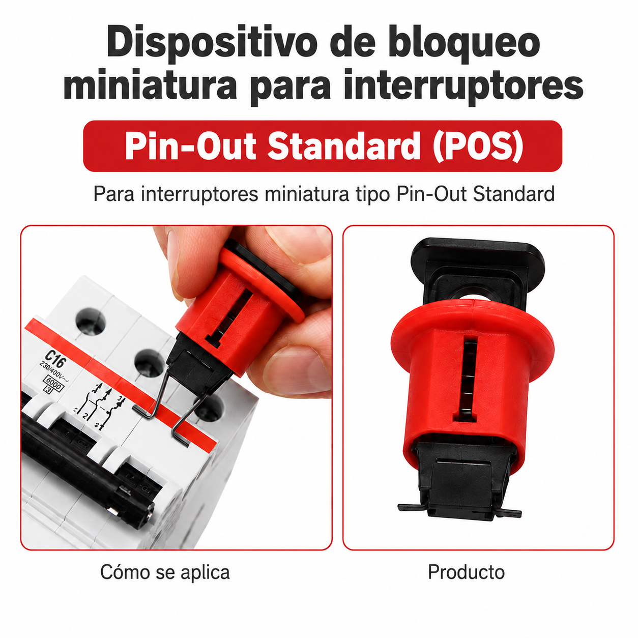 Dispositivo de bloqueo miniatura para interruptores Pin-Out Standard (POS): cómo se aplica y producto.